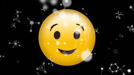 animación digital de estructuras moleculares flotando contra un emoji de cara parpadeante sobre un fondo negro