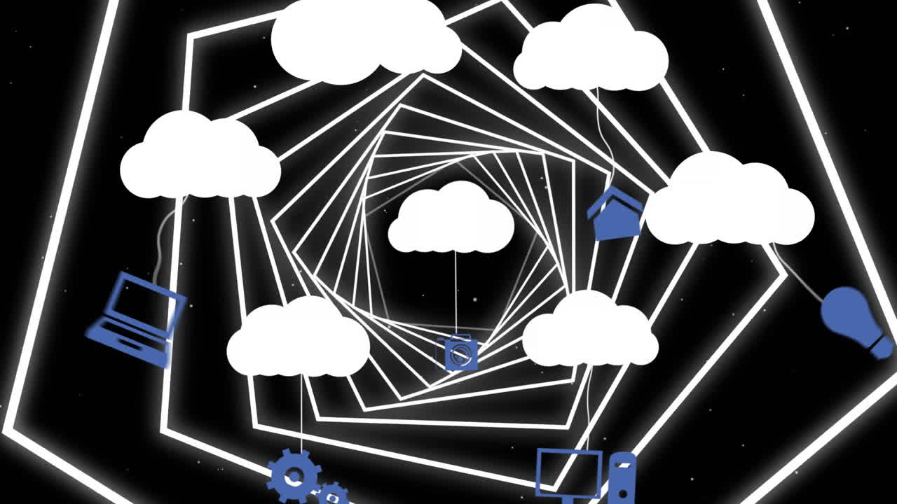 animación de nubes con iconos sobre pentágonos de neón