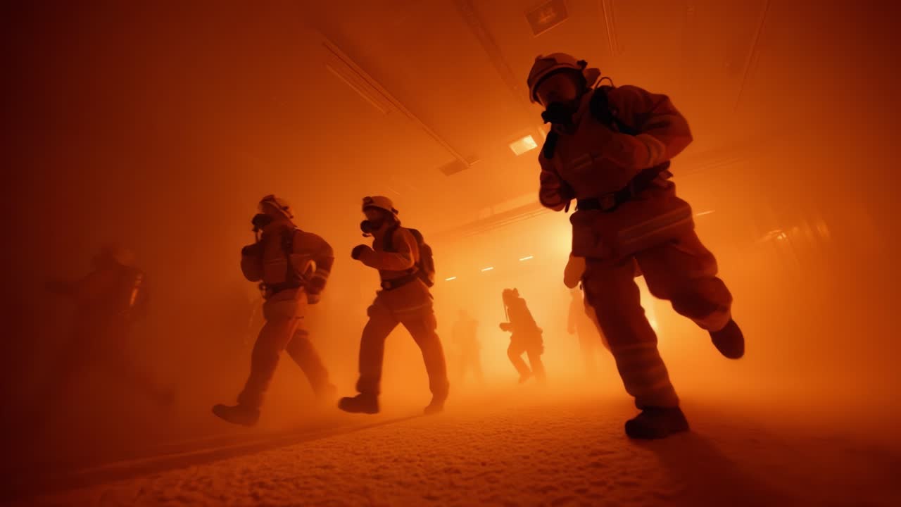 Dramatic Scene of Personnel Engaged in Emergency Response Operations, Battling Harsh Conditions with Visibility Compromised, Highlighting Intensity and Urgency in a Firefighting or Rescue Scenario