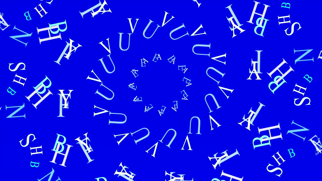Abstract circles of rotating letters on blue