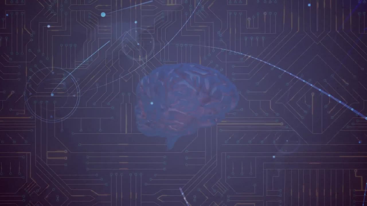 Animation of network of connections with digital brain over computer circuit board