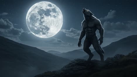 majestic werewolf howling at full moon in a dark wild landscape, capturing the essence of myth and mystery under a starry night sky
