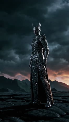 mysterious armored figure with glowing eyes