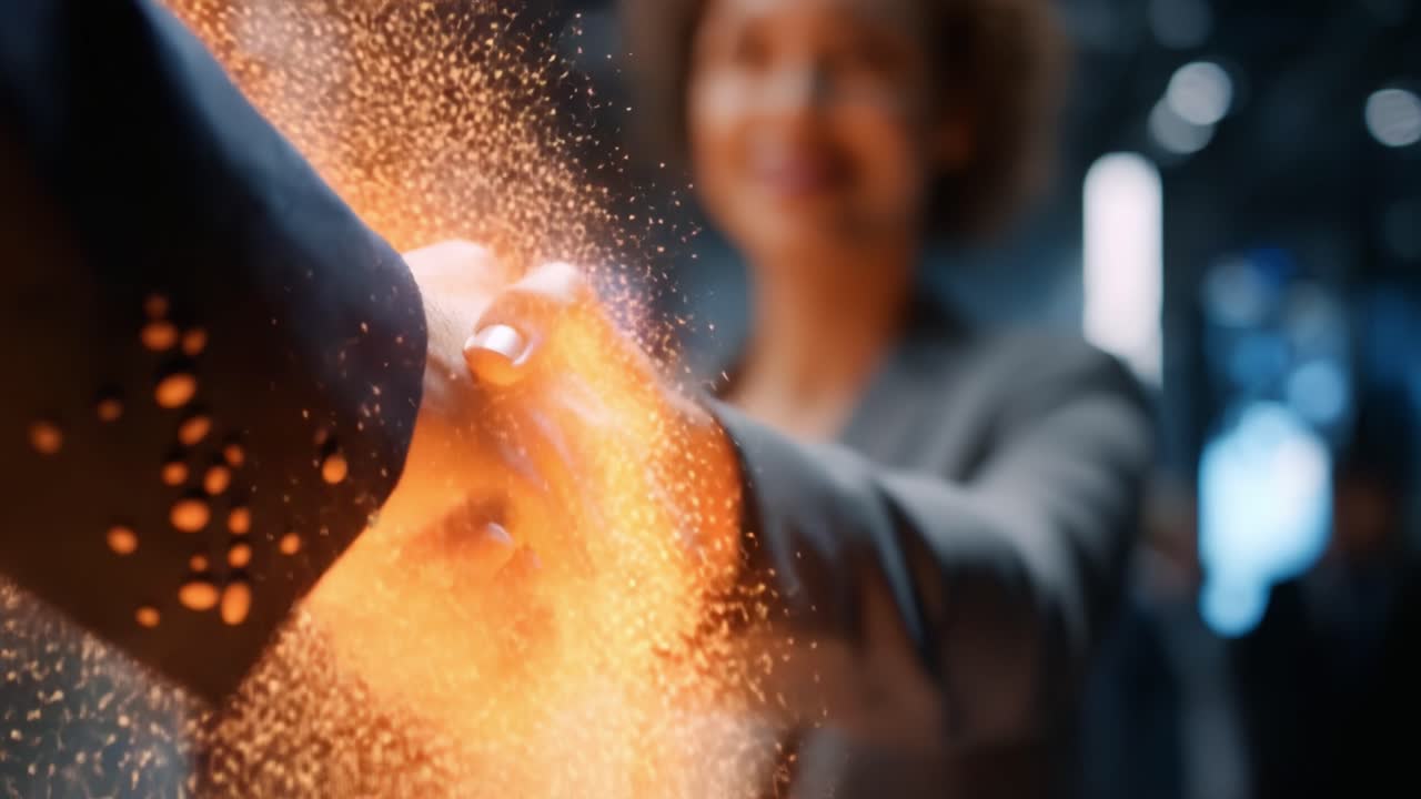 Una potente stretta di mano: due professionisti impegnati in un accordo commerciale collaborativo sullo sfondo dinamico di ambizione e partnership