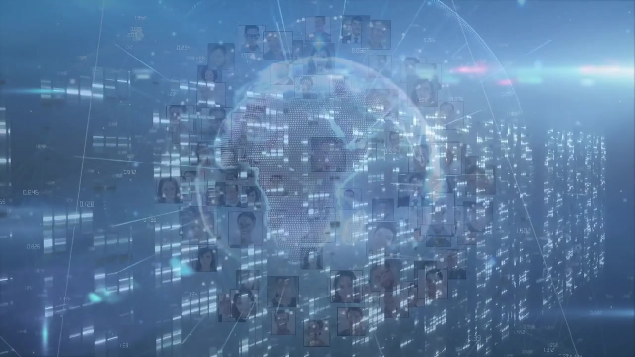 Technology data grid initiating digital globe forming while portrait tiles orbit with lines pulsing