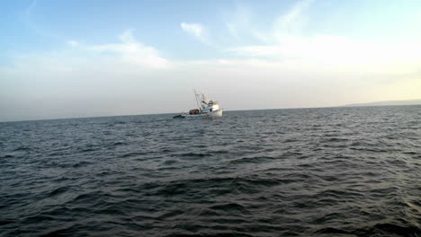 Ein-Kleines-Boot-Läuft-Im-Offenen-Wasser-Im-Leerlauf