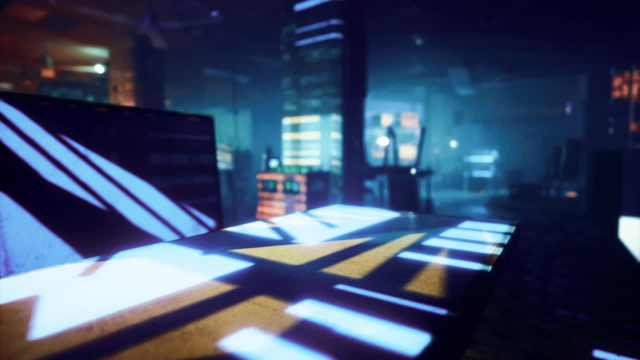 Vibrant interplay of light and shadows in an urban space at night