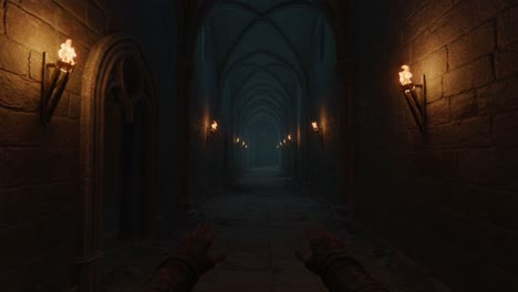 a mysterious dark corridor with flickering torches and eerie atmosphere, revealing a hauntingly beautiful medieval setting filled with intrigue and adventure