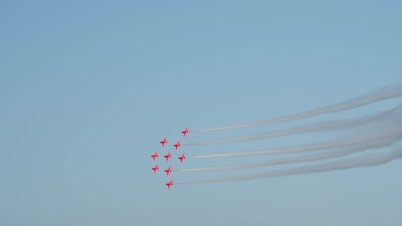 Red Jet Airplanes Flying in Formation During an Airshow