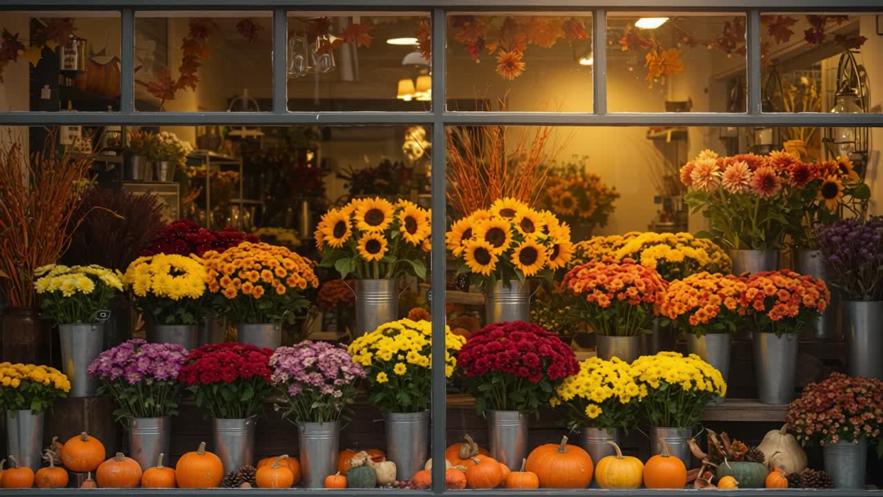 A Vibrant Floral Display Showcasing a Bounty of Colorful Chrysanthemums, Sunflowers, and Pumpkins in a Cozy Shop Setting Perfect for Autumn Season Decor