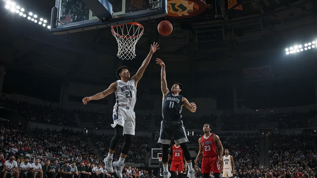 Intense Basketball Action: A High-Stakes Athletes Duel Under Bright Lights with a Dramatic Dunk Attempt in a Packed Arena, Showcasing Elite Skills and Team Spirit