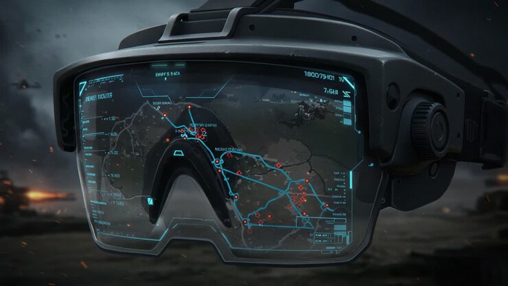 Visore Avanzato di Realtà Aumentata Che Mostra un'Interfaccia di Mappa Dinamica e Informazioni Tattiche in uno Scenario di Battaglia Futuristico
