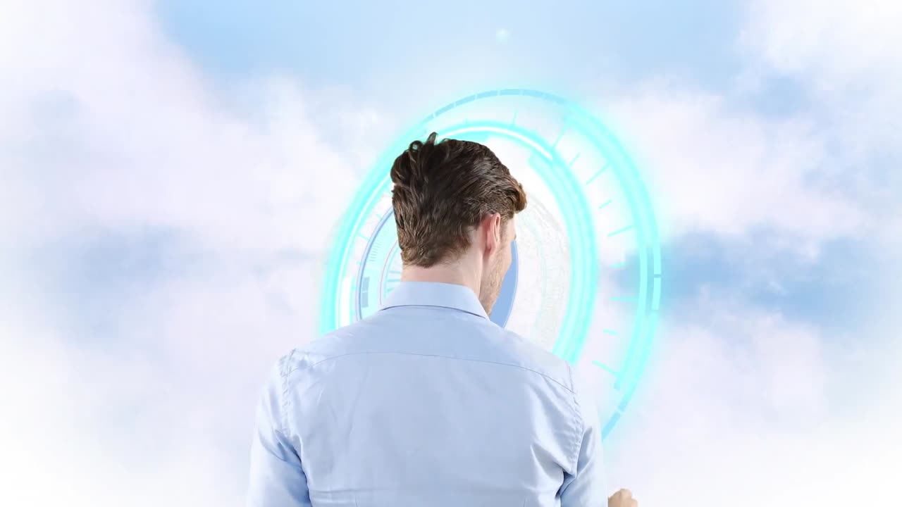 animación del hombre y el reloj azul sobre el cielo nublado