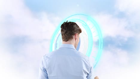 animación del hombre y el reloj azul sobre el cielo nublado