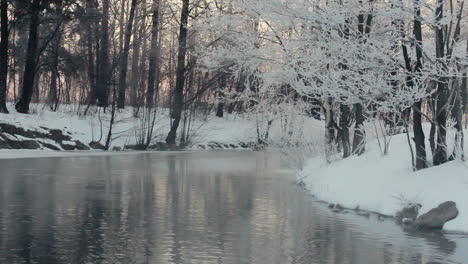 Winterlandschaft.-Winterfluss-Und-Flussufer-Mit-Schnee-Bedeckt