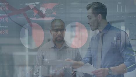 animation of financial data processing over diverse business people in office