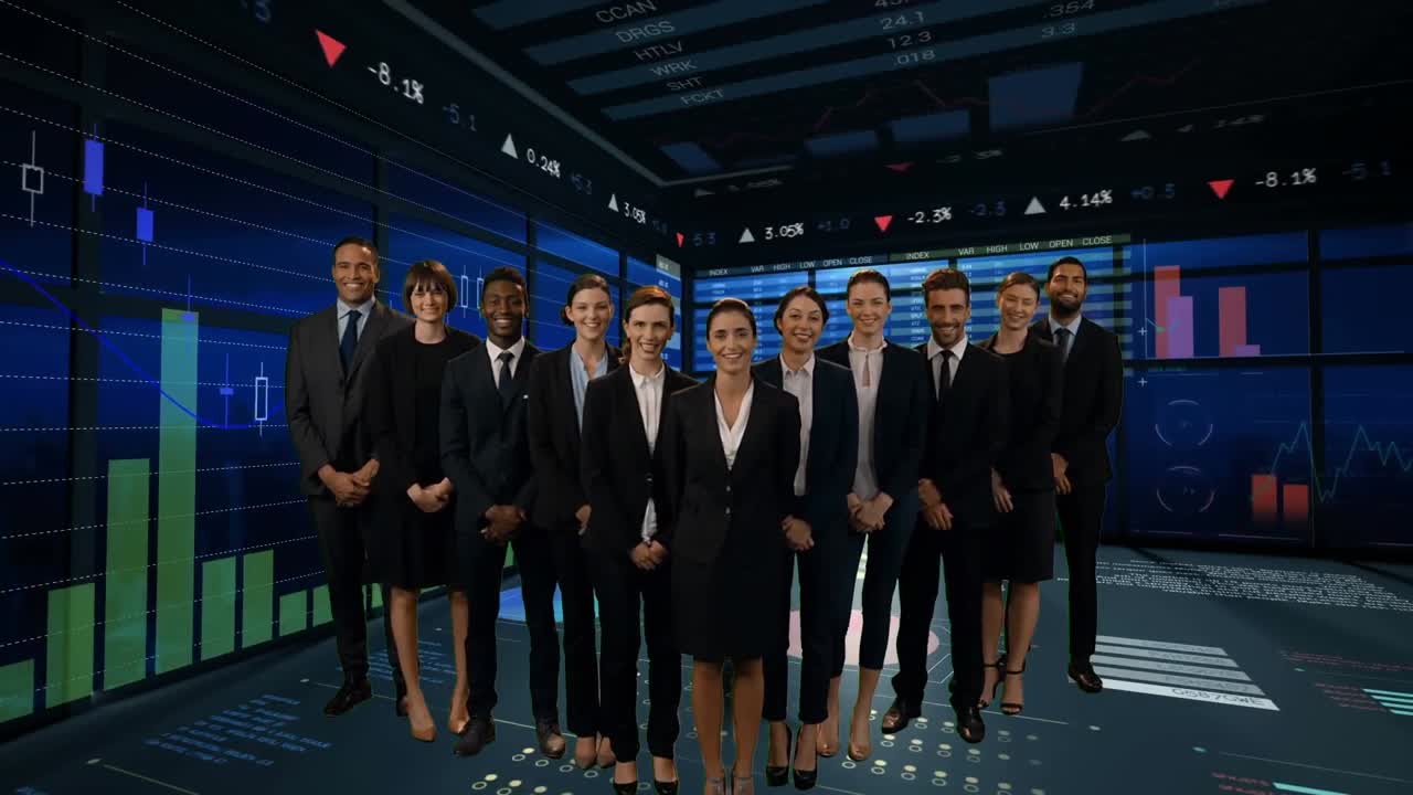 그래프 를 가진 방 에 서 있는 사업가 들