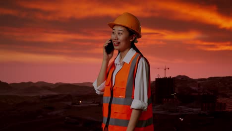 trabajadora de la construcción en un sitio de construcción al atardecer