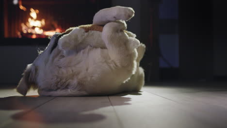 cool golden retriever juega con un cachorro de peluche, yace en el suelo contra el telón de fondo de una chimenea en llamas