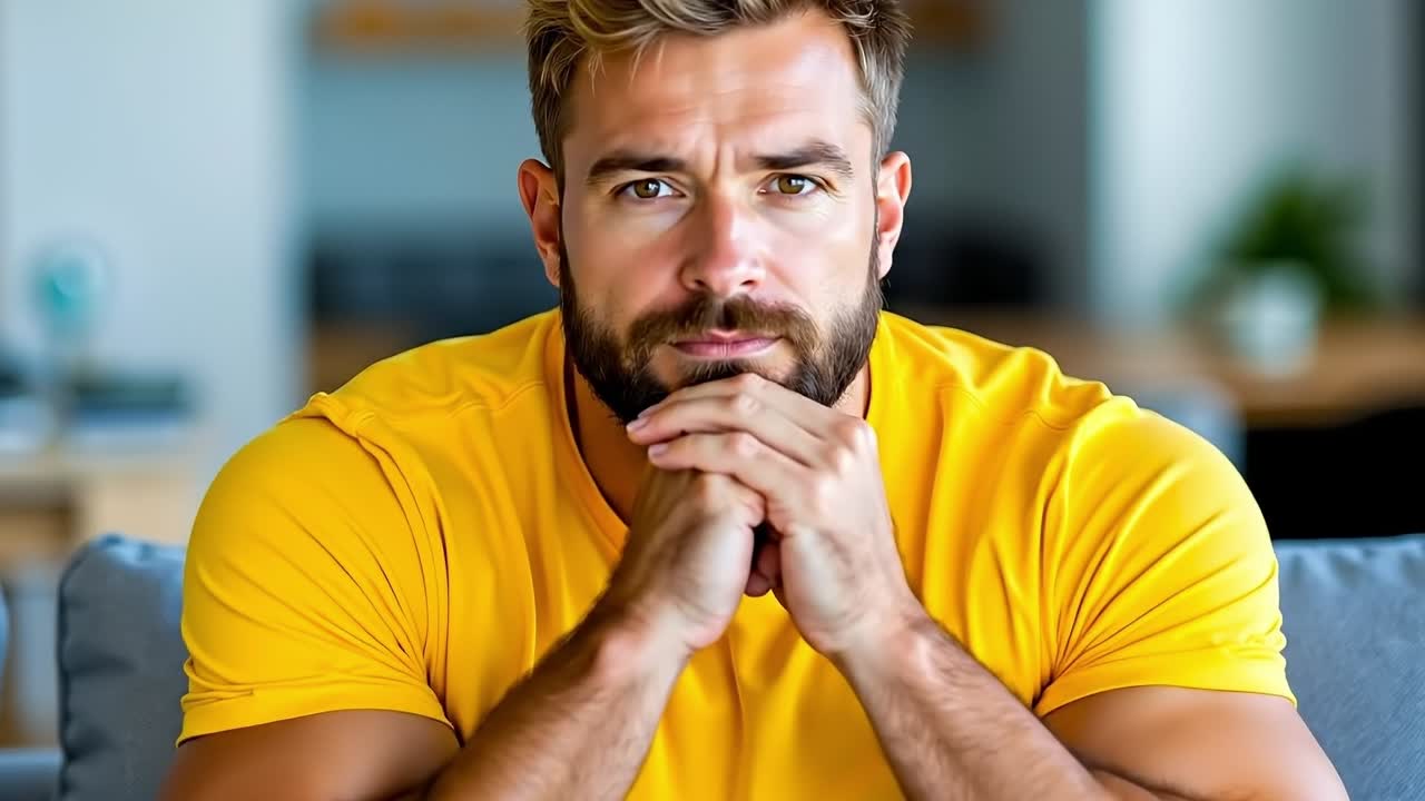A man sitting on a couch with his chin resting on his hand