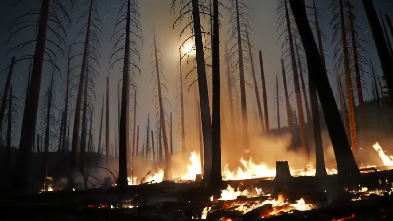 Forest Fire Illuminated by Moonlight Creates a Haunting Atmosphere in a Burned Landscape