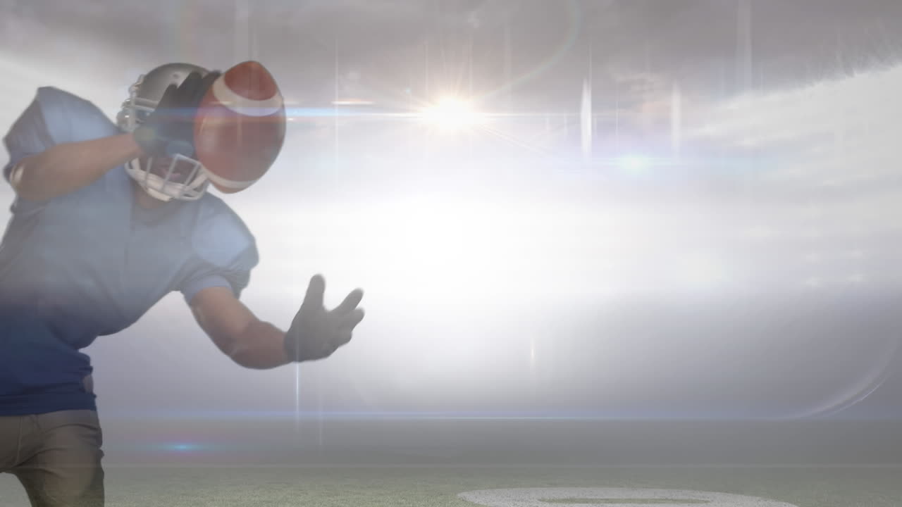 Animazione di giocatore di football americano che afferra la palla sopra uno stadio