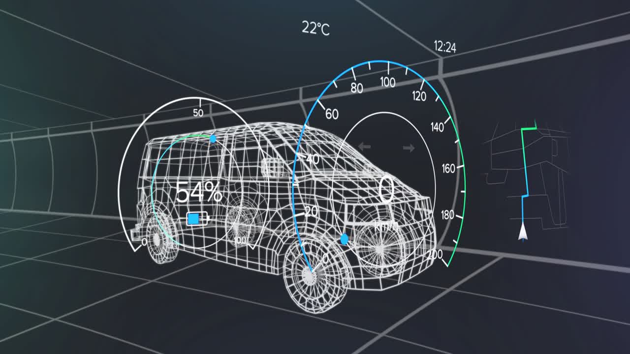 Speed arc appearing triggers HUD animating around wireframe van, showing speed data rising falling