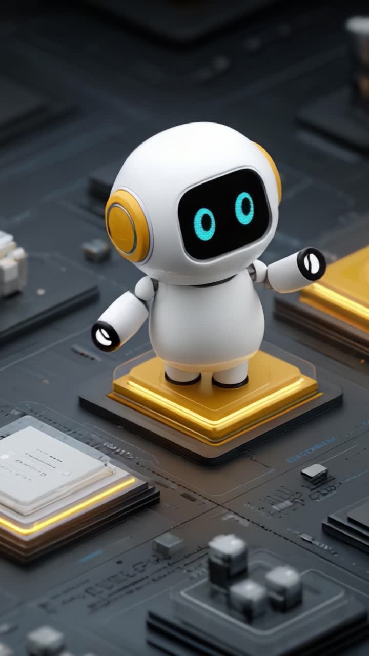 Un robot carino e futuristico sta su una piattaforma luminosa, osservando con curiosità vari microchip e design di circuiti, mostrando una fusione di tecnologia e fascino.