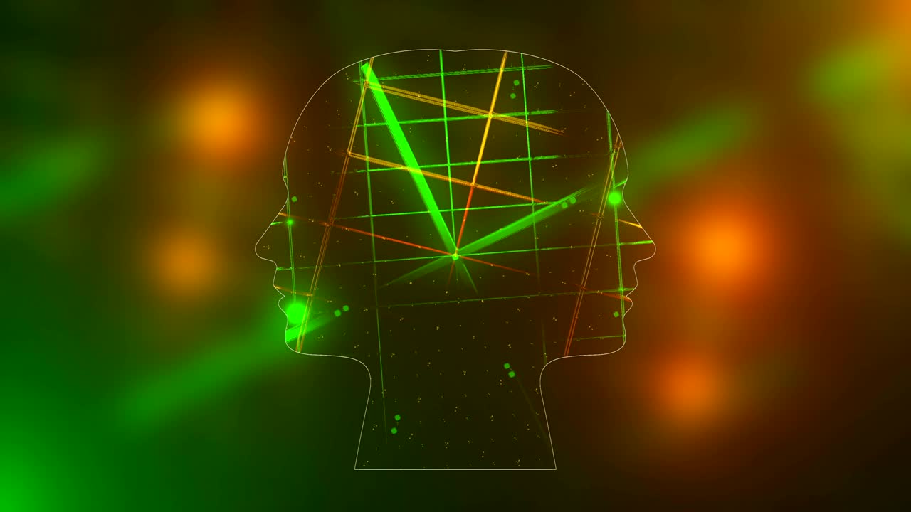 cabezas de energía futuristas con efecto de cuadrícula de neón con iluminación, fondo de renderización 3d abstracto