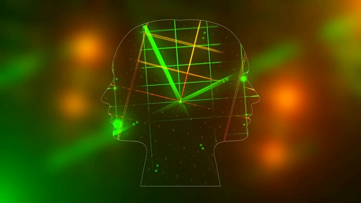 Futuristic energy heads with neon grid effect with lighting, abstract 3d rendering background