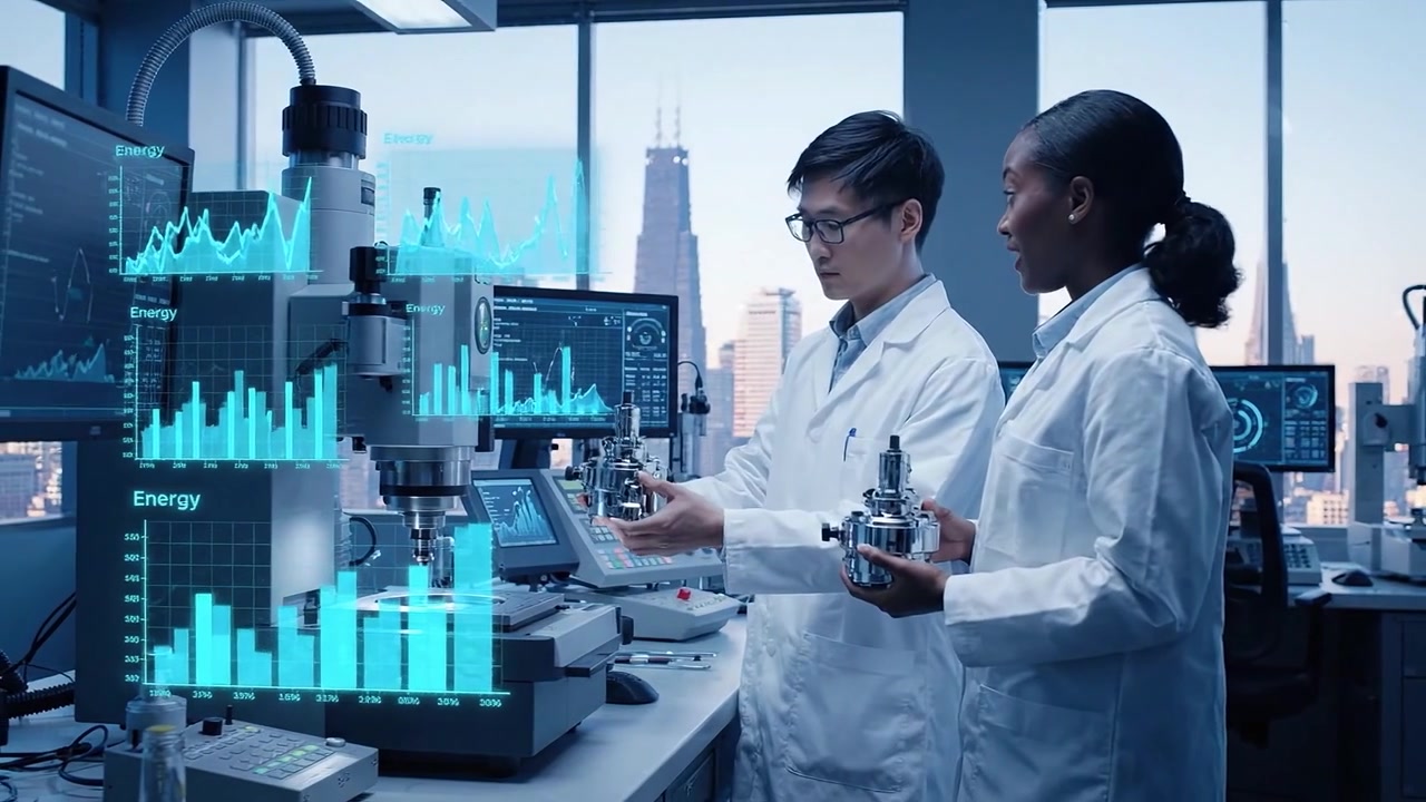 Diverse Scientists Collaborating on Research with Advanced Equipment and Digital Data