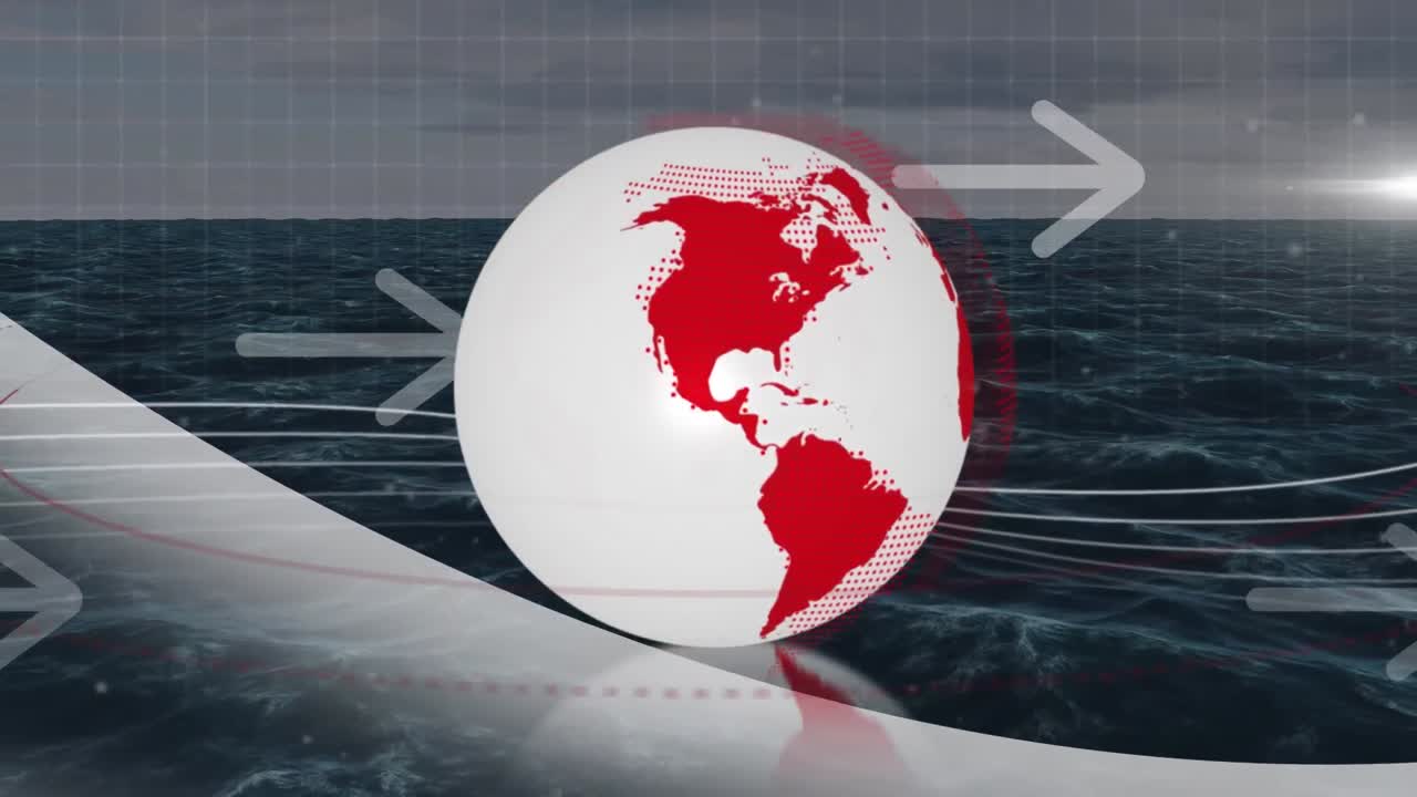 animación del globo girando con flechas sobre el paisaje marino