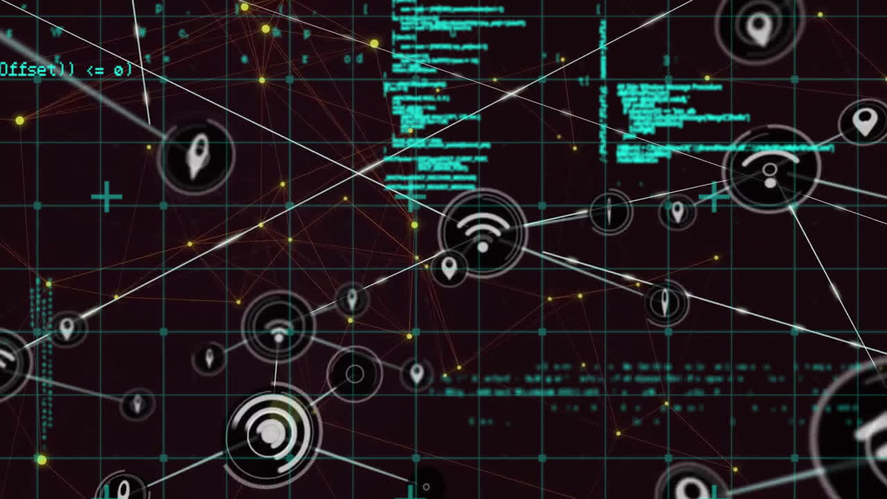 Animation of icons connected with lines and computer language over black background