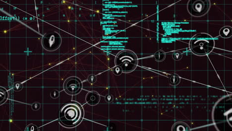animación de iconos conectados con líneas y lenguaje informático sobre fondo negro