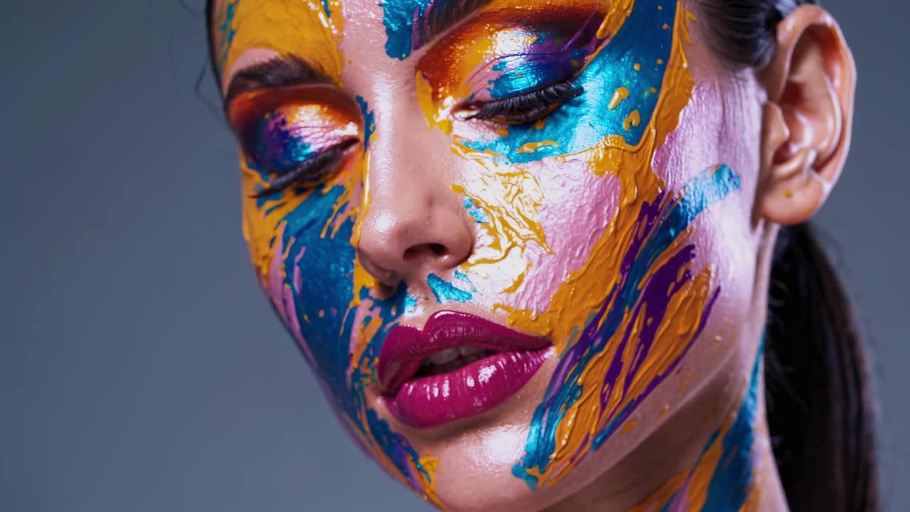 Professional makeup artist applying vibrant, colorful paint on model face, creating avant garde artistic look with bold abstract textures and expressive cosmetic design