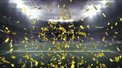 animation of golden confetti falling against view of soccer stadium