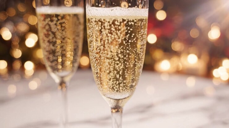 Un brindisi alla celebrazione: calici di champagne scintillanti catturati con eleganza in un'atmosfera festosa con luci bokeh per un momento indimenticabile.
