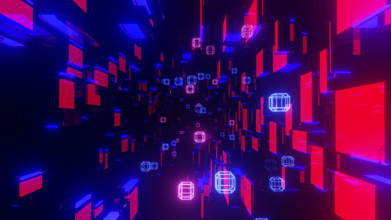 flujo de datos. big data o espacio digital blockchain. volar a través de un entorno futurista de alta tecnología o un túnel de neón, estructura compleja de ciencia ficción. fondo 3d sin costuras en 4k. concepto de flujo de información. cubos