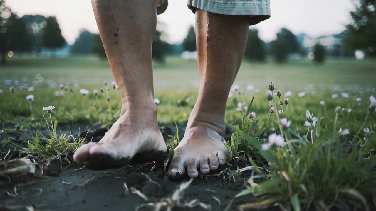 Spostando il peso, piedi con pantaloni arrotolati che premono il terreno soffice in un parco, lasciando impronte