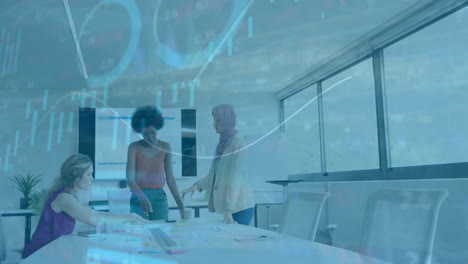 processing financial data animation, diverse business people collaborating in office