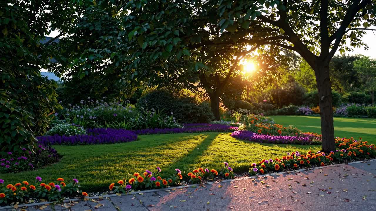 Um jardim sereno ao pôr do sol com flores vibrantes, capturado de um ângulo baixo