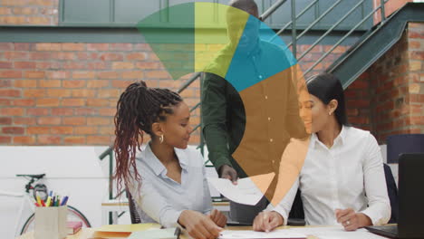 animation of data processing over diverse man giving a document to two female colleagues at office