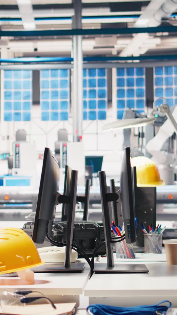 Vertical Video Monitors in photovoltaics factory used to manage performance of robot arms