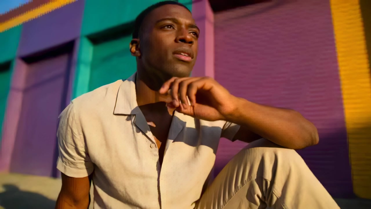 Shifting sunlight moving man in beige shirt adjusting gaze hand to chin on concrete step shutters