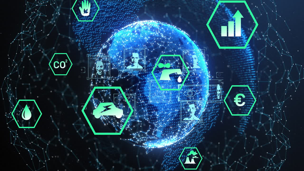 Animation of network of connections with eco icons over globe