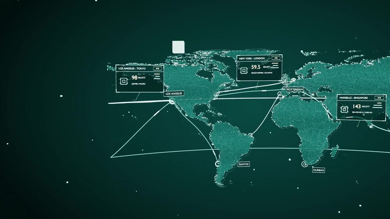 Animating stylized map converting to turquoise grid on dark teal showing global routes and latency