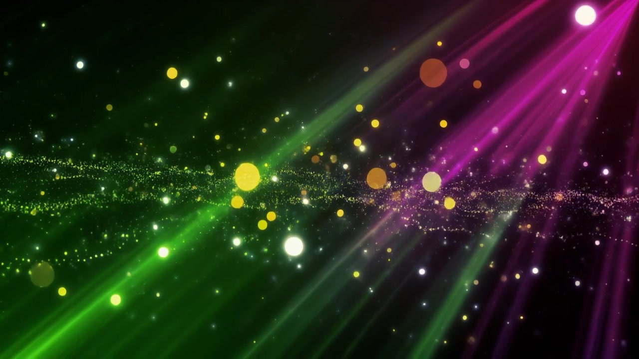 Sfondo animato astratto con fasci di luce verdi e rosa e particelle fluttuanti