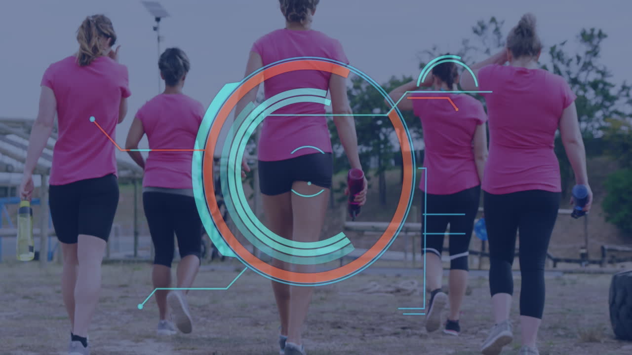 Animation of scanner processing data over rear view of diverse woman running at boot camp training