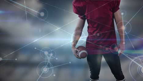 Animation-Des-Netzwerks-Von-Verbindungen-über-Einem-American-Football-Spieler-über-Einem-Sportstadion