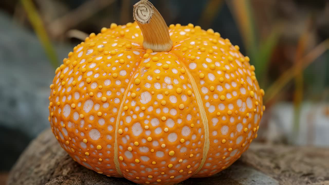 Distinctive orange warty goblin pumpkin showcasing textured surface, beige stem with white dots, resting on gray rocky terrain with softly blurred natural background